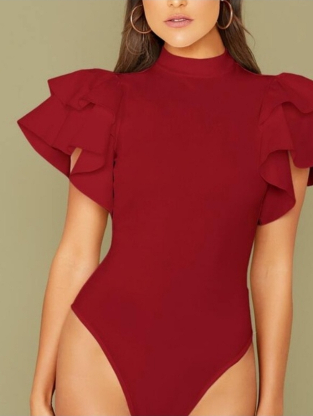 NWT Soly Hux Ruffled Sleeve Mock Neck Bodysuit - Deep Wine, Size Medium